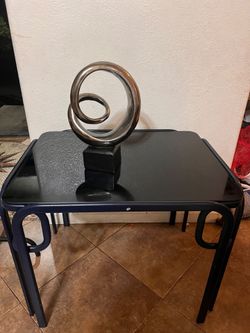Abstract Chrome Ring Sculpture with Black Base