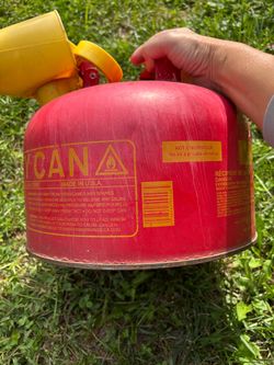 Red Metal Gas Can with Yellow Spout