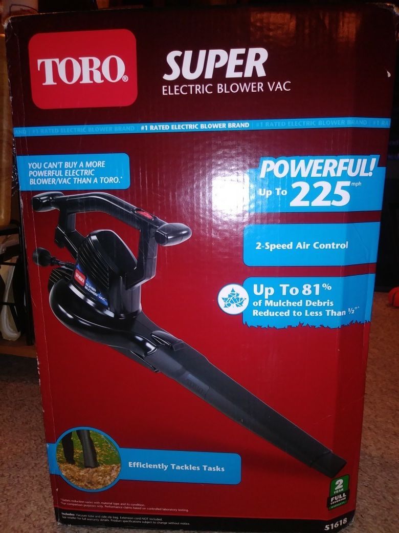 Brand new items for sale. Toro 2 speed air control super electric blower vac and Homelite 14 inch chain saw.