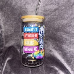 16 Oz Glass Cup With Lid And Straw