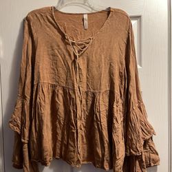 Baby Doll top long ruffled sleeves clay color ladies size xl excellent condition smoke free