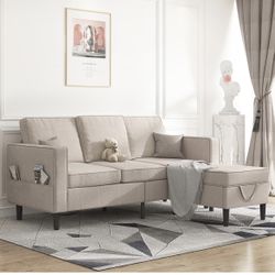 NEW - Convertible Sectional Sofa Couch, 3-Seat L-Shaped Sofa with Storage Ottoman, Wooden Couch Legs Modern Linen Fabric Reversible Chaise for Living 