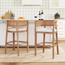 Set of 2 - Natural Oak Finish Wood Upholstered Rattan Cane Back Counter Height Bar Chairs [NEW] ** Retails for $415 <Assembly Req> 