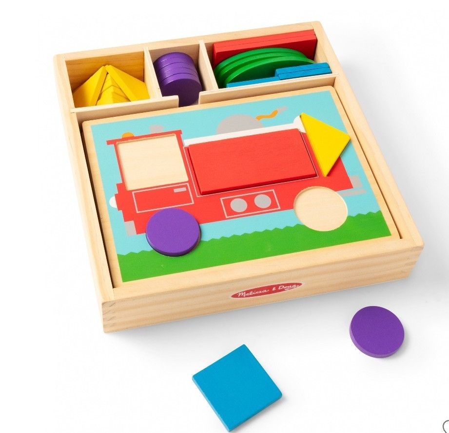 Melissa & Doug Beginner Wooden Pattern Blocks Educational Toy with 5 Double-Sided Scenes and around 27 Shapes Puzzles for Kids