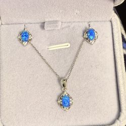 Solid Sterling Silver 925 Blue Opal Earrings And Pendant Set