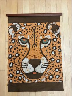 Vintage Handmade Batik Leopard Wall Hanging Safari Textile Animal Art-38 3/4” x 27 1/8”