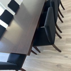 Dining table adjustable dark wood color with set of 7 chairs faux leather black linen cover 90x42in