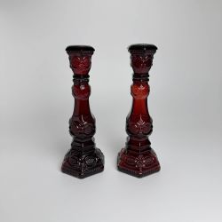 Vintage 1970’s Pair of Ruby Red Glass Candlestick Holders. Multi Purpose Avon Fragrance Bottles