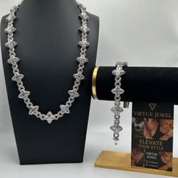Flower 4 Leaf Clover Iced Out Premium Quality Chains & Bracelet Silver 