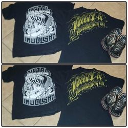 X3 METAL MULISHA HART HUNTINGTON MEN'S SIZE LARGE L BLACK WHITE YELLOW SKELETON SKULL TSHIRT T SHIRT TOP FLIP FLOP SANDAL SET