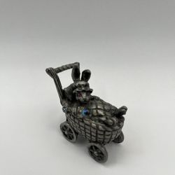 Vintage Pewter Bunny In A Stroller with Crystal Baby Rattle. Red Eyes