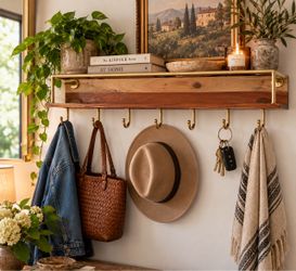 New Vintage 30” Wood Brass Wall Shelf Coat Rack 7 Hooks Mid Century Entryway