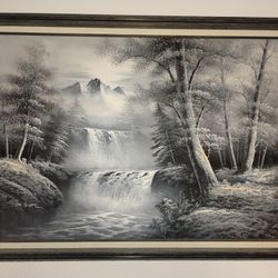Waterfall Real Oil Based Painting 24x36" Black And White