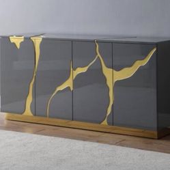 Stanford Grey Wood 65in High Gloss with Gold Accent Modern Sideboard