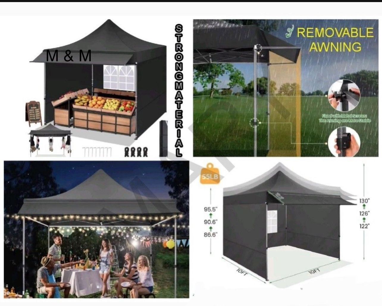 Pop Up 10x10Canopy Tent Heavy Duty with Awning, Sidewalls, Sand Bags and Rolling Bag.