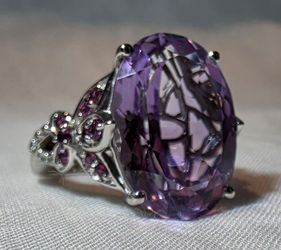 Rose De France Amethyst Cocktail Ring, Rhodium Over Sterling Silver Size 8