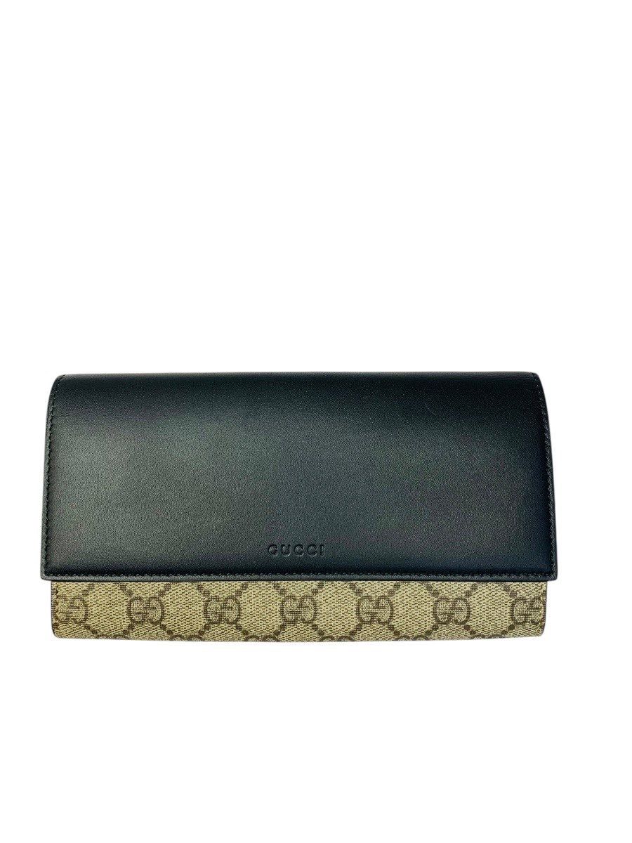 Gucci GG Canvas Leather Long Wallet Black/Beige (410100)
