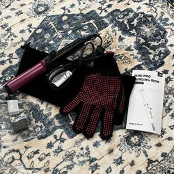 1 Inch Pink & Black Mini Curling Iron Ceramic Travel Portable Glove Velvet Bag