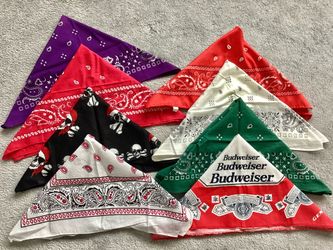 8 Preowned Bandanas, Headwear, Neck Scarves, Pet Accessories, Headbands, Hair Ties, Pocket Squares etc Budweiser Paisleys, Skulls
