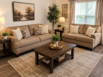 Tan Fabric Sofa and Loveseat Set with Nailhead Trim