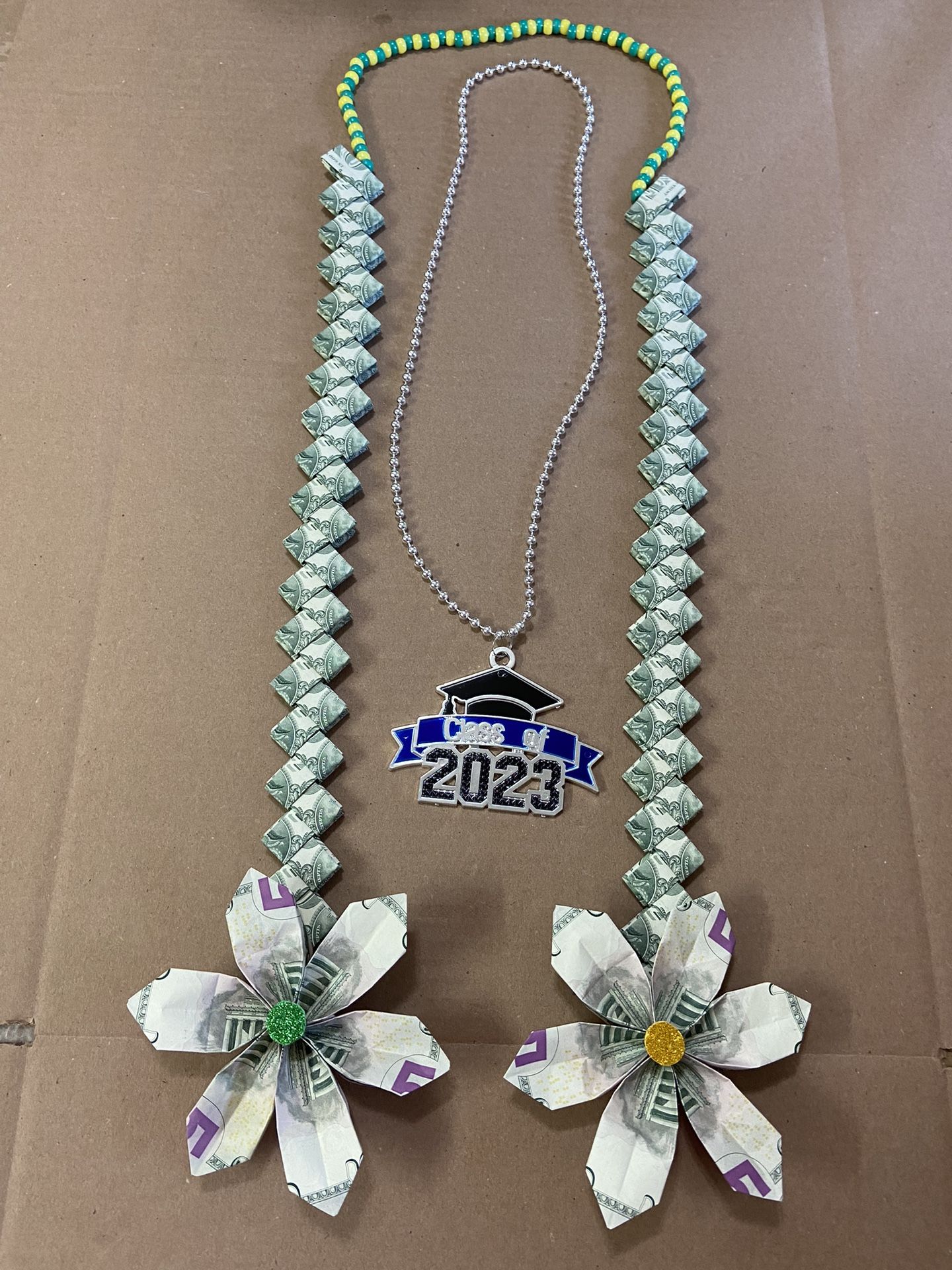Graduation Green And Yellow Beads Money Lei,All Products : American Fashion Style Bags On Sale