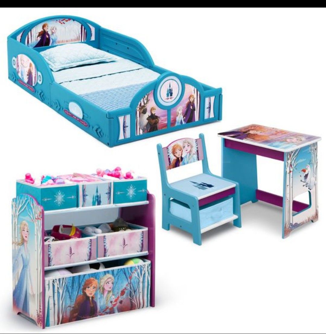 T🧿Disney Frozen II 4-Piece Room-in-a-Box Bedroom Set by Delta Children - Includes Sleep & Play Toddler Bed, 6 Bin Design & Store Toy Organizer a