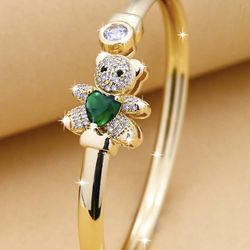 Bangle Bear Gold Plated Bracelet Green Stone 