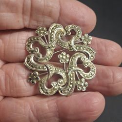 Sterling Silver Filagree Brooch Ornate Openwork Art Nouveau Design W/Sarcastic Gemstones Vintage 30's To 50's 1.5"