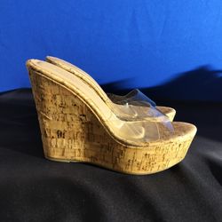 Bamboo Clear Strap Cork Wedges (Size 7.5)