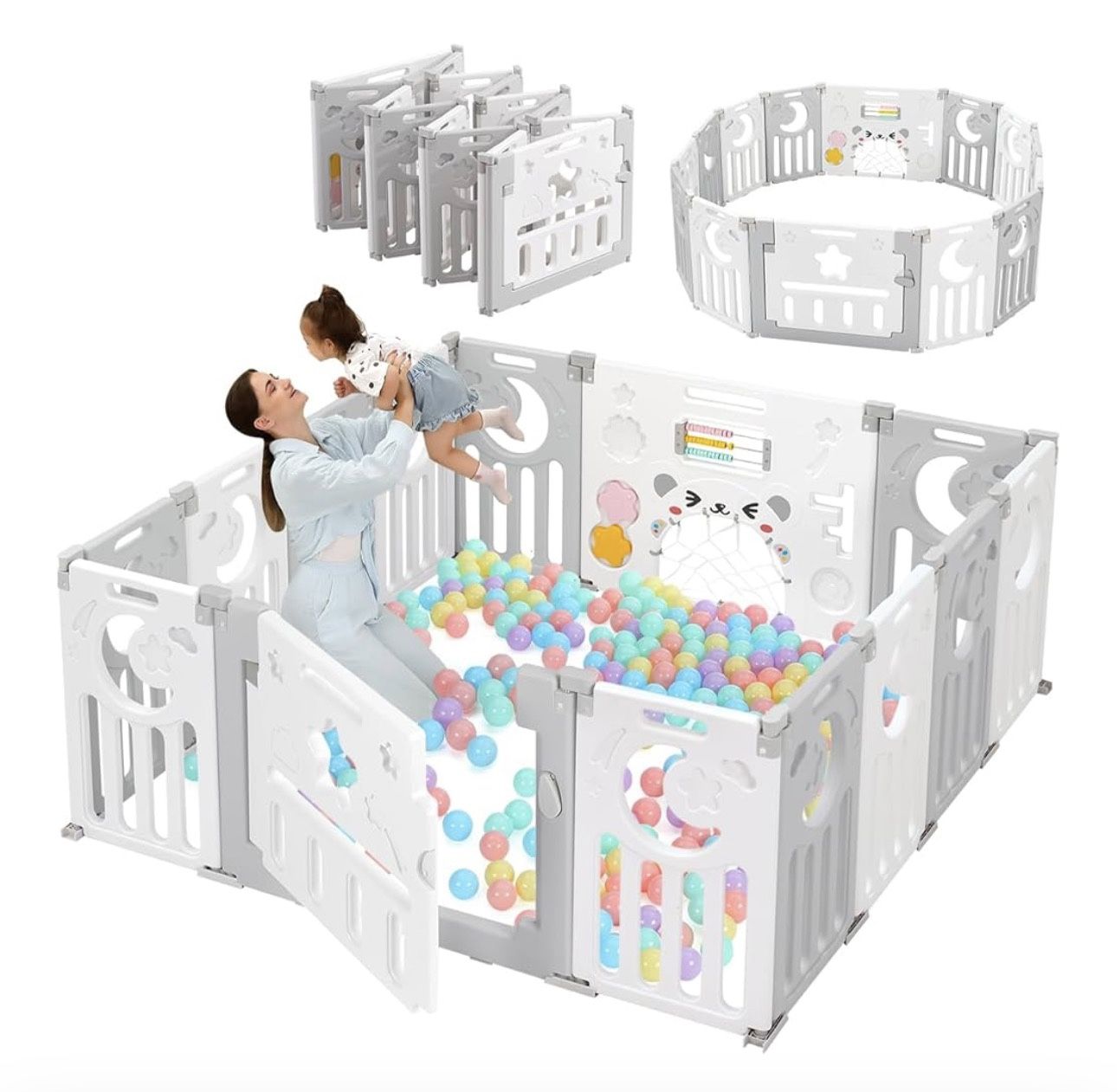 "Kids playpen,14-Panel Foldable Playpen Adjustable Portable Play Area, Indoor/Outdoor Kids Active Center with Game Panel & Safety Gate, Grey White, NE