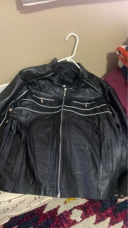 Black leather jacket with white lines, size L for men