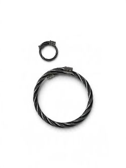 Black and Silver twisted cable open bangle and ring set