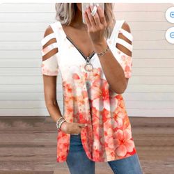 Cutout Cold Shoulder Flower Print Tunic Top Zipper V Neck Short Sleeve T Shirt Pullover Summer Swing Loose