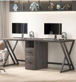 LVB Extra Long 2 Person Desk, Large Rustic Computer Desks with File Drawer, Industrial Wood Double Desk with Storage Cabinet Shelf, Modern PC Writing 