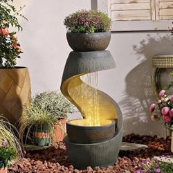 FF4003 31.9" S-Shaped Outdoor Water Fountain with Planter Bowl Modern S-Shaped Waterfall, Resin Mate