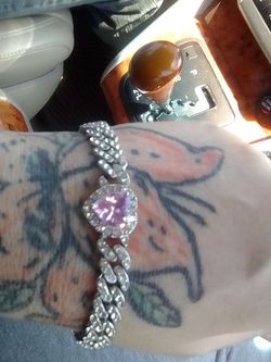 This A Diamond Crested Sterling Silver Pink Heart Bracelet 