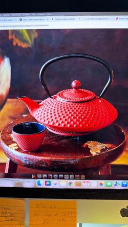 Red Cast Iron Japanese Teapot & Trivet, SS Filter, 2 Matching cups, SS Teaspoon & Ceramic Double Tray -NEW!