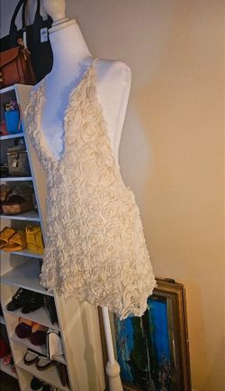 Cream Rosette Mini Dress with Deep V-Back