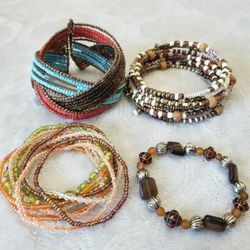 Beaded Bracelets! Twisted Cuff Bracelet (Teal, Brown, Coral), Boho Beaded Memory Wire Bracelet (Brown, White, Copper) & Multi Color Stackable Stretch 