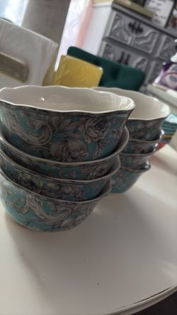 Lot Of 8 Bowls 6” By 222 Fifth Hawthorne Turquoise Fine China Porcelain