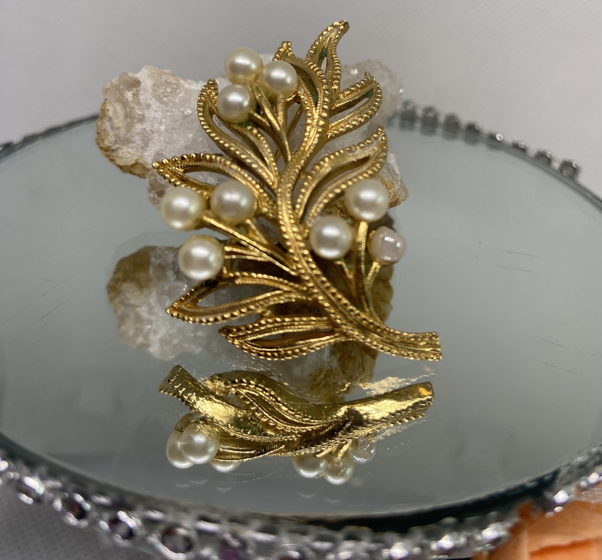 Vintage Crown Trifari Gold Tone Faux Pearl Leaf Brooch