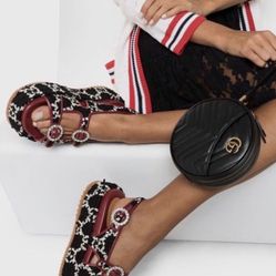 Authentic Gucci GG Tweed 50 BN / Azalea Printed Slingback Black/Red Platform Sandals  