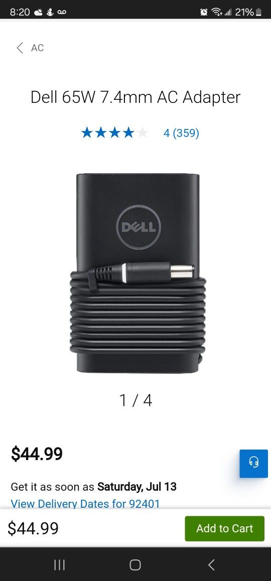 Genuine Dell dell cn-og4x7t Laptop AC Adapter Charger Power Cord 65W
