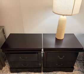 Matching Cherry Espresso Nightstands Set, Heavy Wood Look, Excellent Condition