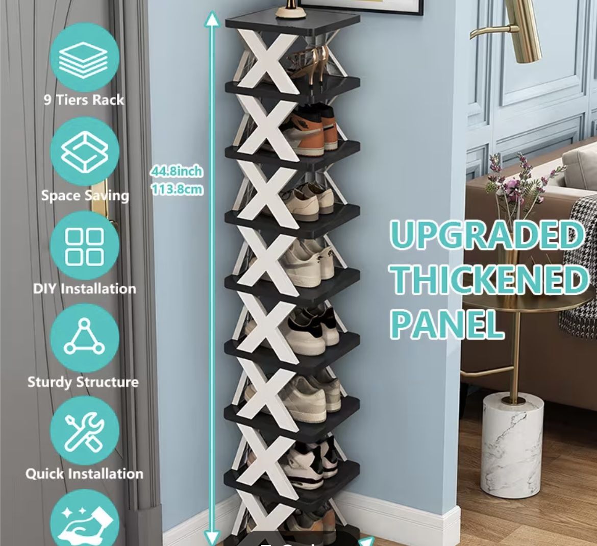 9 Tier Upgraded Shoe Rack, Small Vertical Shoe Stand, Narrow Free Installation Foldable Small Shoe Organizer, Space Saving Shoe Storage Shelf for Clos