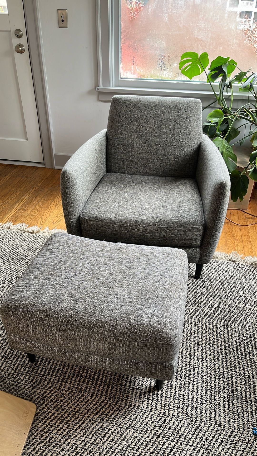 CB2 Parlour Chair + Ottoman – Grey – $50