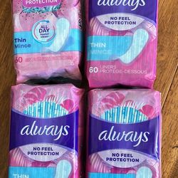 4 Pack Always Thin Liners, 60 Ct Each Pack