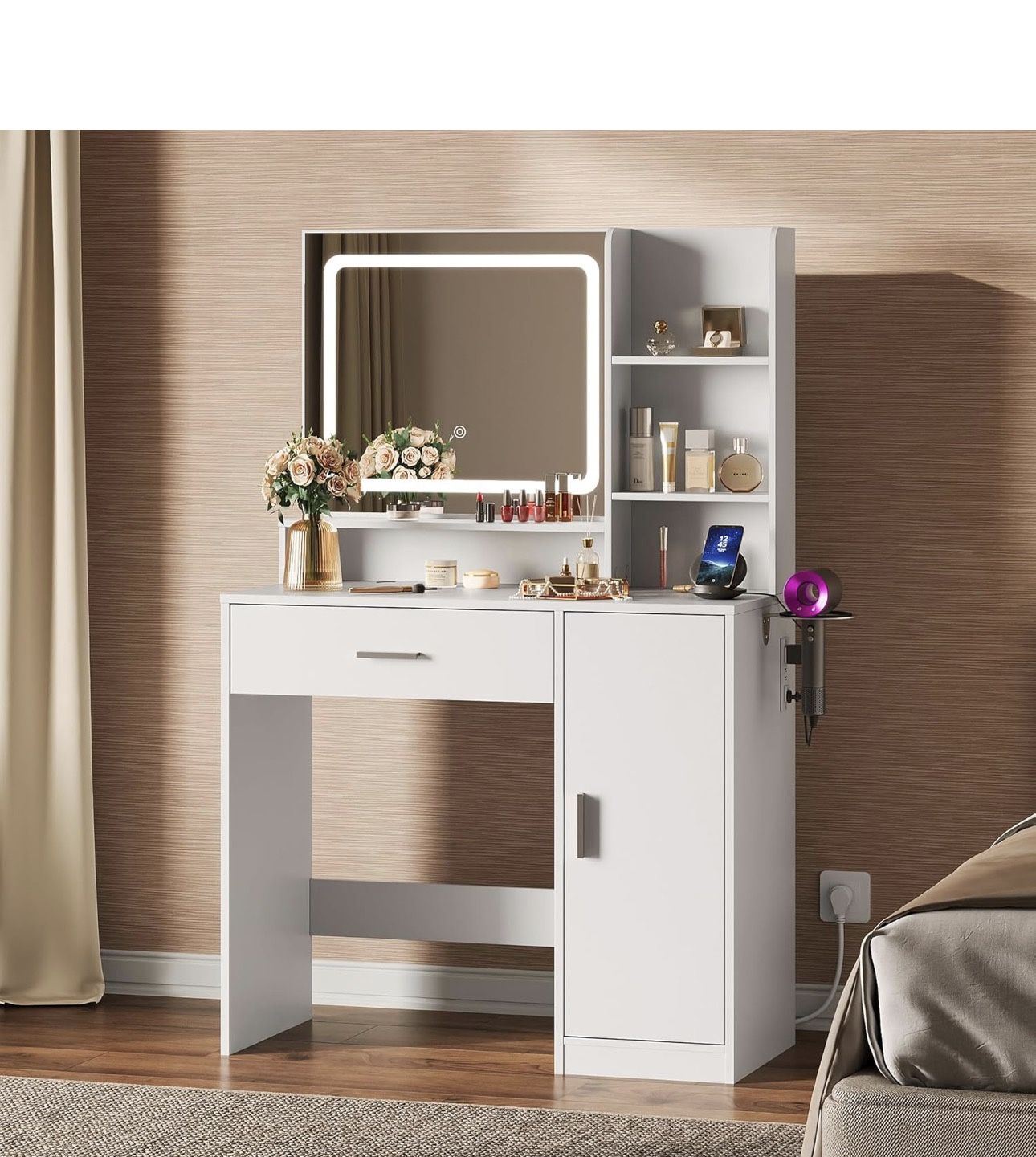 Vanity, Makeup Table with Drawer, Cabinet and Open Shelves Desk with Mirror and Lights