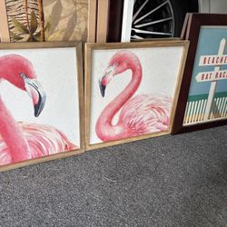Set Of 4 Fabulous FLAMINGO & BEACHES RAT RACE FRAMED WALL ART.  Fun. Colorful. Cheerful. Tropical.  Beach Vacation. Great Deal, All 4 Only $40 Firm!