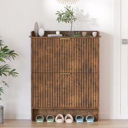 Shoe Storage Cabinet with 2 Flip Drawers, Morden Fluted Narrow Organizer Cabinet,Rustic Brown
